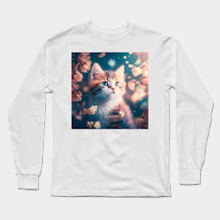 Cute Cat Blue Eyes Floral Background | White, brown and grey cat with blue eyes | Digital art Sticker Long Sleeve T-Shirt